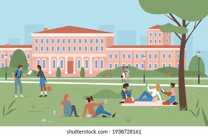 Education scene vector illustration. Cartoon young happy student characters sitting on summer park green grass together, girl boy teens studying near university or college building facade background