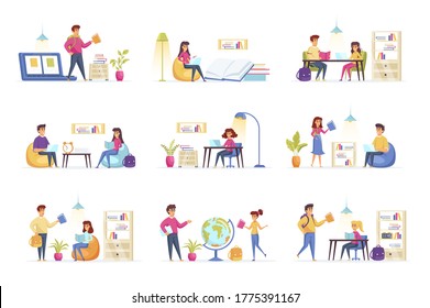 Education scenes bundle with people characters. Distance learning and self education, students study at home, read book in library situations. Online education platform flat vector illustration.