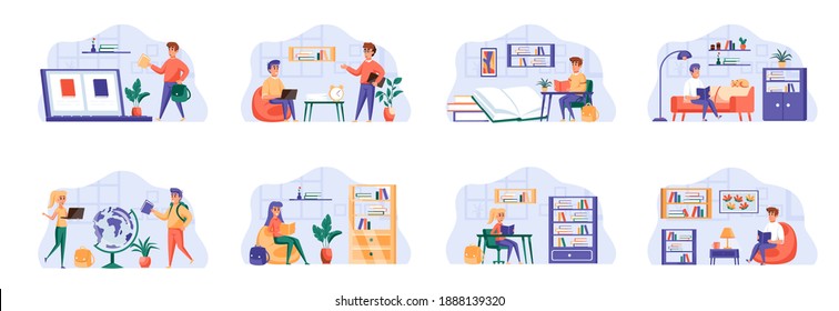 Las escenas de educación se combinan con personajes de la gente. Aprendizaje a distancia y autoeducación, los estudiantes estudian en casa, leen libros en situaciones de biblioteca. Ilustración vectorial plana de la plataforma de educación en línea.