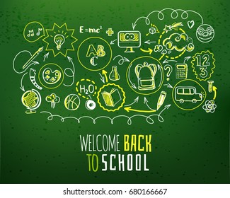 Education scheme infographic and Back to school typography on green chalkboard. Vector illustration of school supplies and subjects interaction. Sketch design concept for web and mobile services