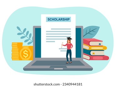 Education scholarship concept vector illustration. Stack of books, dollar coins, laptop computer and scholarship document in flat design.
