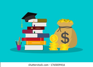 Education with scholarship. Money for tuition in school, college, university. Hat for student in graduation. knowledge of bachelor or academic. Study and finance concept. Invest icon. Vector.