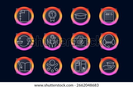 Education and scholarship set icon. Displays notebook, medal, graduation cap, calculator, headset, star figure, dorm, trophy, journal, and financial aid-related items.
