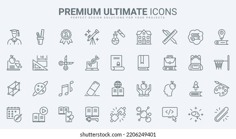 Education, scholarship thin line icons set vector illustration. Outline school and university knowledge and skills, diploma of graduate student, sport and science, research with laboratory microscope