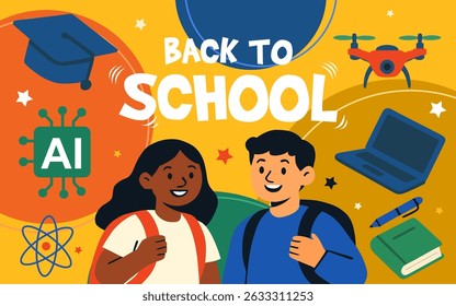 education, school, 2025, back to school, background, student, concept, illustration, banner, child, class, card, book, happy, colorful, back, vector, college, design, learning, teacher, color, poster,