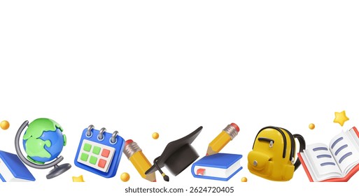 Education school 3d icons boarder. Kids learning Frame with books, pen, calendar, School bag, graduation cap. Cartoon classroom Background Illustration
