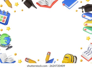 Education school 3d icons frame. Kids learning Frame with books, pen, calendar, School bag, graduation cap. Cartoon classroom Background Illustration template