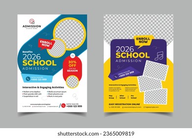 education school admission flyer poster brochure cover page design, corporate back to school promotional pamphlet layout vector illustrator 