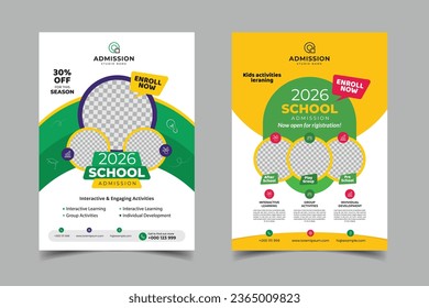 education school admission flyer poster brochure cover page design, corporate back to school promotional pamphlet layout vector illustrator 