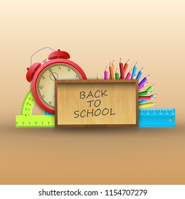 Education school background with wooden board colorful pencils protractor ruler alarm clock in realistic style vector illustration