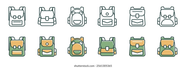 education school backpack icon set travel baggage hiking trip bag symbol vector illustration for web and app