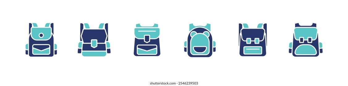 education school bag backpack icon set for study, travel, hiking backpacker storage supply bag signs vector illustration for web and app
