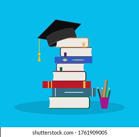 Education in school with book. Hat icon for student, university. Pile books in college for knowledge, study. Academic library for background of academy. Symbol graduate, master with diploma. Vector.