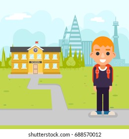 Education school building boy pupil knowledge student child flat design vector illustration