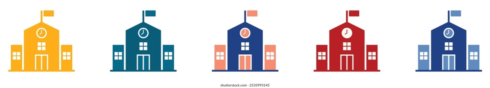 Bildungs- und Schulgebäude Symbolsatz. Einfache Akademie, Universität und Hochschularchitektur. Vektorgrafik.