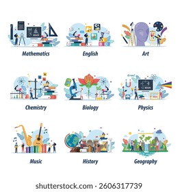 Education and school class set with miniature people. Modern school education system. Education vector illustration.