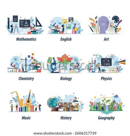 Education and school class set with miniature people. Modern school education system. Education vector illustration.