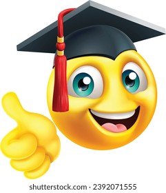 Caricatura de emoticono de un estudiante graduado de una escuela de educación universitaria con gorra de graduación o de convocación