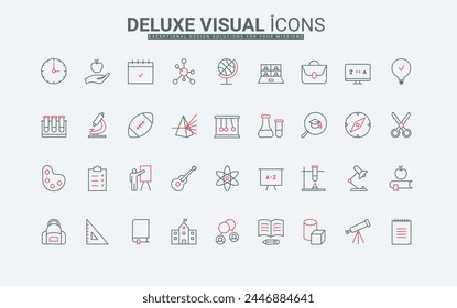 Education at school, college and university line icons set. Knowledge of physics and chemistry, online language learning, test for student thin black and red outline symbols, vector illustration