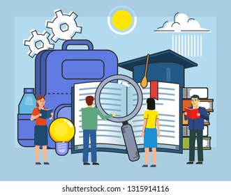 Education in school, college, university. People stand near big education elements, books. Poster for web page, banner, social media, presentation. Flat design vector illustration