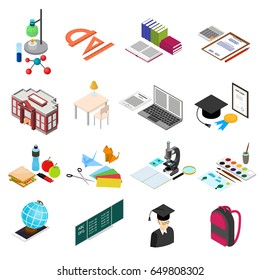 Education School Color Icons Set Isometric View Element for Web Isolated on White Background. Vector illustration