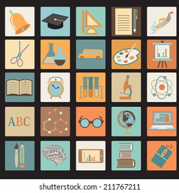 Education School Colored Flat Icon Set.