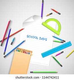 Education school concept with colorful wooden pencils ruler protractor note on paper sheet vector illustration