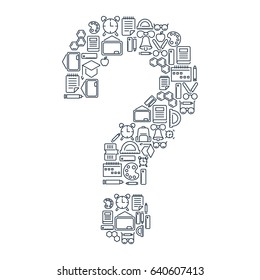 Education school concept with linear icons and elements in shape of question mark isolated vector illustration