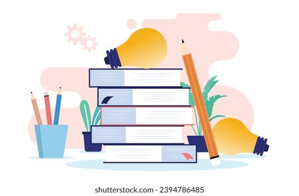 Education and school concept vector - Illustration of stack of educational books with idea light bulbs and pencils. Study and learning concept in flat design on white background