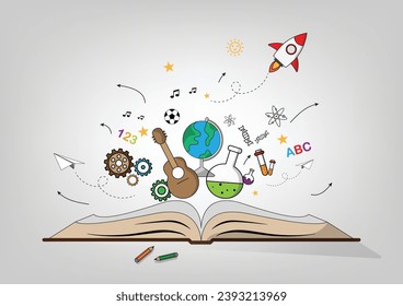 Education School. Digital internet tutorials and courses, online education, e-learning. Education magic book with open concept. More idea start from learning as music, draw, sciences, math, sport.