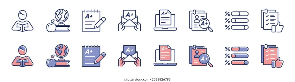 education school exam test icon line set questionnaire task quiz pass grade evaluation signs vector illustration for web and app