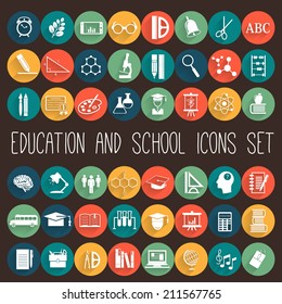 Education School Flat Icon Set. 48 Icons