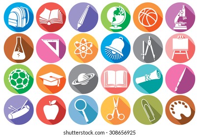 education and school flat school icons collection (diploma, pencil box, bell, book, bag pack, globe, paint brush, pencil, abacus, board, graduation cap, microscope, ruler)