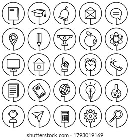 Iconos de línea redonda plana, de educación, de escuela. Colección de logotipo y pictogramas de la infografía moderna. Para la interfaz del sitio web y las aplicaciones móviles.