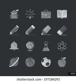 Education and School flat style icons in gray color - Vector Illustration