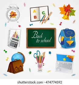 Education and school icon set - blackboard, backpack, calculator, laptop, globe, notebook, alarm clock, bell, pins isolated on white. Vector.