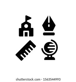 Education & School Icon Set with School Building, Globe, Geography, Pen & Ruler, Vector Illustrations.