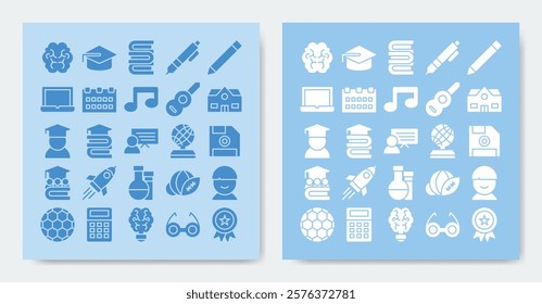 education and school icon set. Containing badge, book, boy, brain, calculator, date, education and more. vector icons collection.