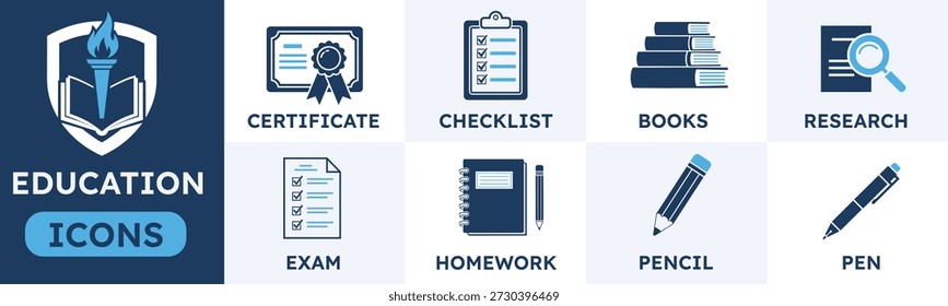 Conjunto de iconos de Educación y escuela con certificado, lista de verificación, pila de libros, investigación, papel de examen, cuaderno de tareas, lápiz y lápiz