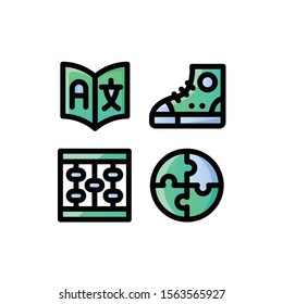 Education & School Icon Set with Language, Shoe, Abacus & Puzzle, Vector Illustrations.