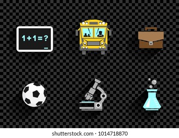 Education school icon set on dark black transparent background. Chalkboard bus schoolbag microscope flask ball which symbolize science chemistry physics biology sport