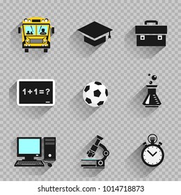 Education school icon set on transparent background. Chalkboard bus cap schoolbag microscope flask stopwatch computer ball which symbolize chemistry physics computer science biology sport