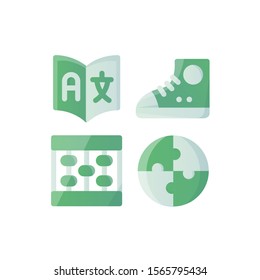 Education & School Icon Set with Translation, Puzzle, Shoe & Abacus, Vector Illustrations