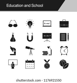 Education and School icons. Design for presentation, graphic design, mobile application, web design, infographics. Vector illustration.