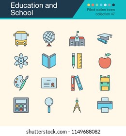 Education and School icons. Filled outline design collection 47. For presentation, graphic design, mobile application, web design, infographics. Vector illustration.