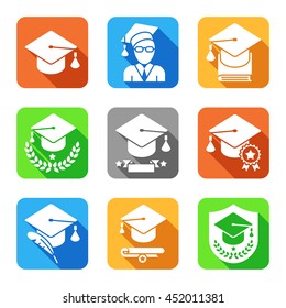 Education and school icons. Set of 9 colored flat vector icons with long shadows