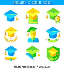 Education and school icons. Set of 9 colored flat vector icons