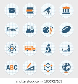 Education and school icons. Set of round paper stickers. Vector clipart