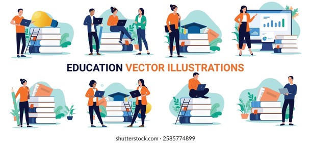 Education and school illustrations collection - Set of vector graphic design elements of student people using computers, reading books and working on educational research