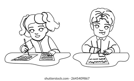 education school kids practicing handwriting vector. child pre, children learn, practice student education school kids practicing handwriting character. people black line pencil drawing illustration